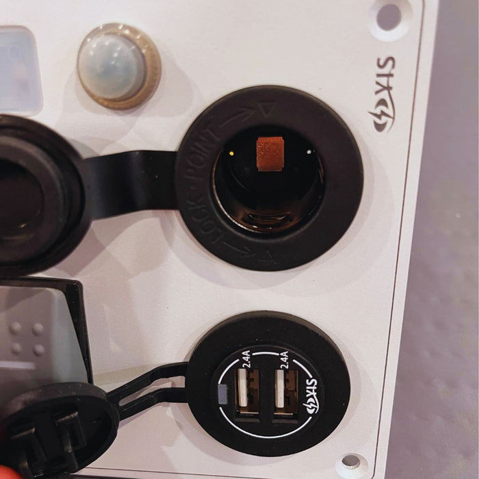 Aluminum Switch Panel with Cig. Light & USB Charger Sockets (White)