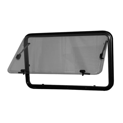 Black-framed transparent window on a white background for a RV