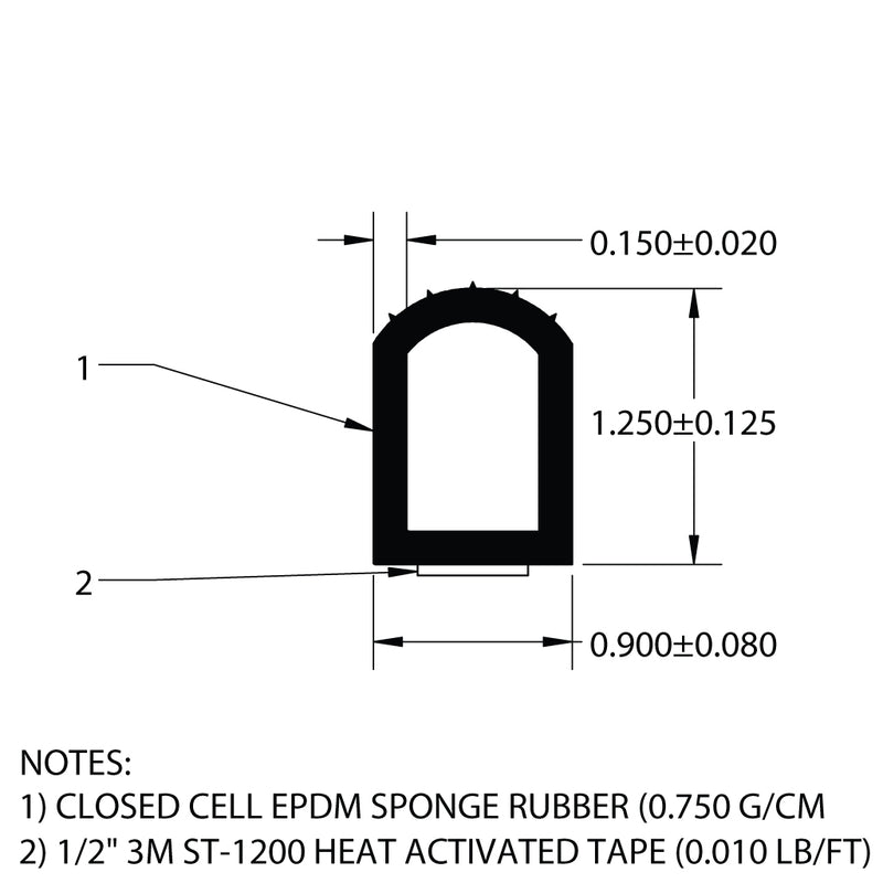 Top Bulb Rubber Seal 0.900" x 1.250" (3M Heat-Activated Tape, Black)