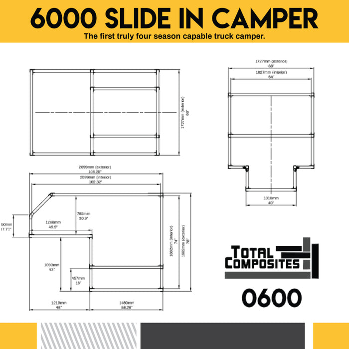 Total Composites - Lynx 5' Slide in Truck Camper Shell (Toyota Tacoma / Jeep Gladiator)