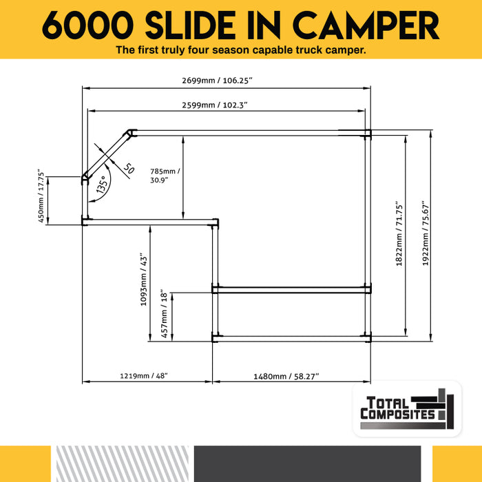 Total Composites - Lynx 5' Slide in Truck Camper Shell (Toyota Tacoma / Jeep Gladiator)